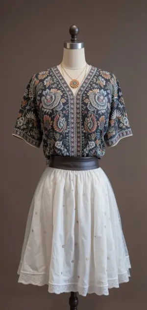 A soft white skirt with subtle embroidery and a patterned top.