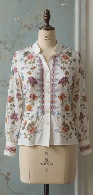 A white blouse featuring colorful floral embroidery for a stylish and classic touch.