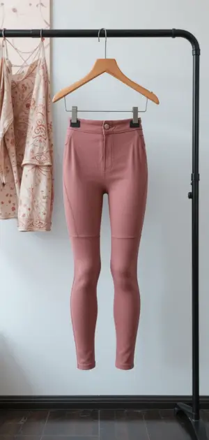 A pair of dusty pink classic leggings on a hanger with a matching blouse.