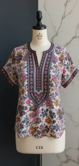 A white cotton blouse featuring multicolor floral prints and embroidery.