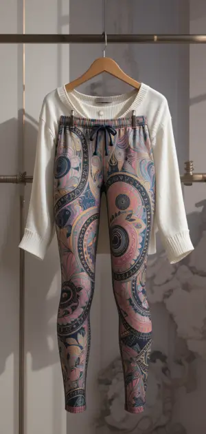 Designer leggings with paisley patterns styled with a soft white sweater.