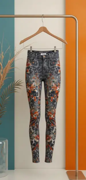 Grey fall leggings with striking orange floral patterns, perfect for autumn styling.
