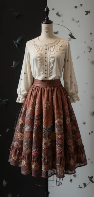 A cream lace blouse with a brown floral autumn skirt.