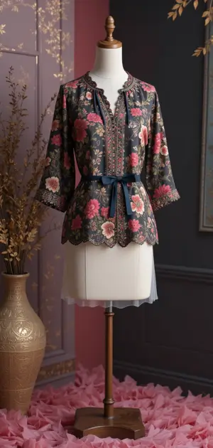 Dark floral blouse with pink accents, scalloped hem, and a waist tie on a mannequin.