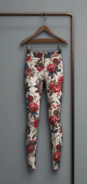 Women’s floral print leggings with red roses on a hanger, styled against a grey backdrop.