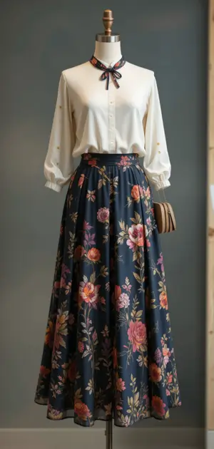 A mannequin dressed in a navy floral skirt and cream blouse with a bow.