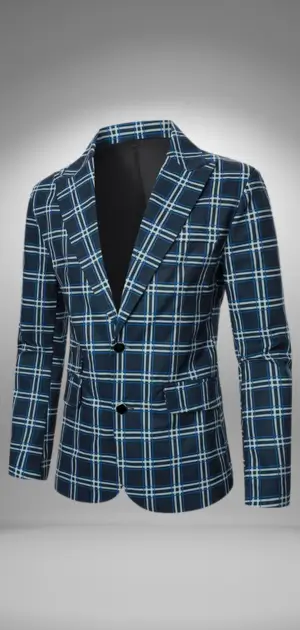 Men's navy blazer with white plaid geometric patterns, offering a timeless design.