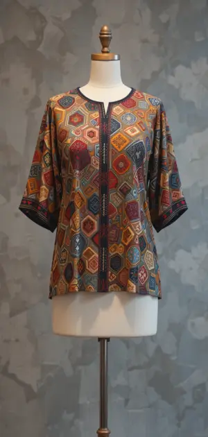 A trendy geometric-print women’s blouse with a relaxed fit and half sleeves.