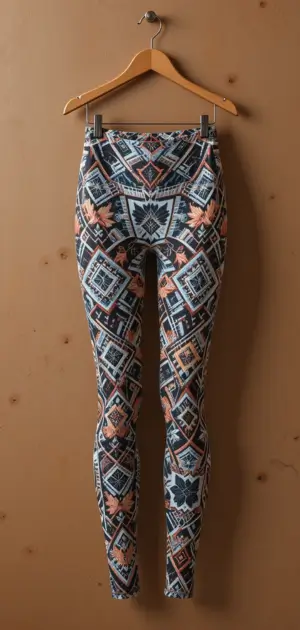 Women’s leggings featuring bold geometric patterns in earthy colour tones.