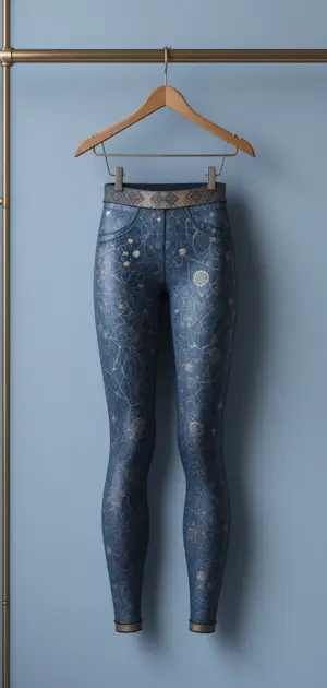 Elegant blue leggings featuring delicate patterns and a stylish waistband design.