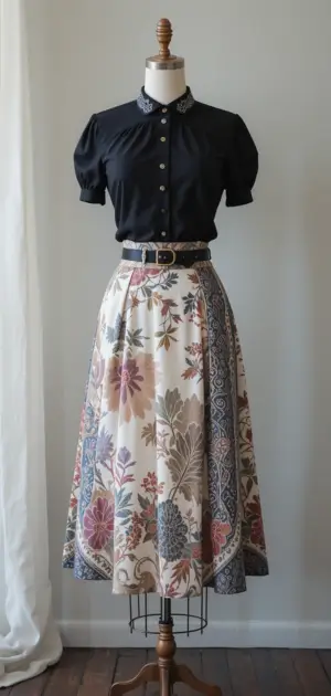 A stylish black blouse with a printed cream midi skirt.