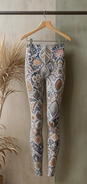 Women’s mid-range leggings featuring intricate paisley designs in earthy hues.
