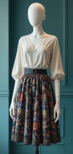 A mannequin wearing a pleated floral skirt and deep-neck blouse.