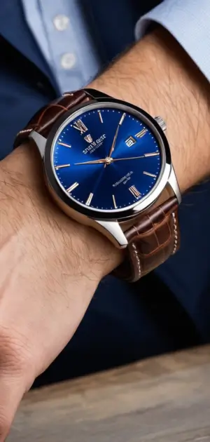 Classic men’s mid-range watch featuring a blue dial, silver case, and leather strap.