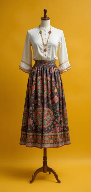 A display of midi skirts styled with classic blouses for a polished look.