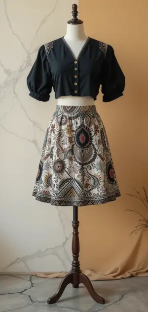 A mannequin styled with a black top and a printed mini skirt.