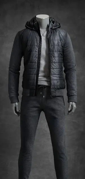 Mannequin in a black quilted jacket, grey hoodie, and joggers, showcasing minimalist styling.