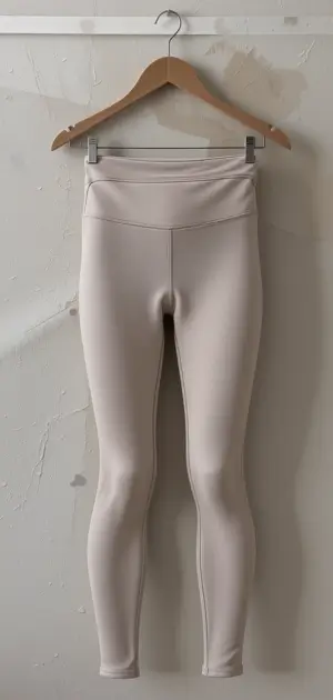 Beige women’s neutral leggings displayed on a wooden hanger against a textured white wall.