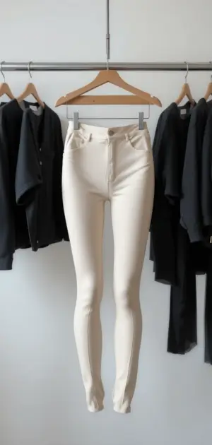 A pair of white office leggings hanging on a wooden hanger, surrounded by black tops.