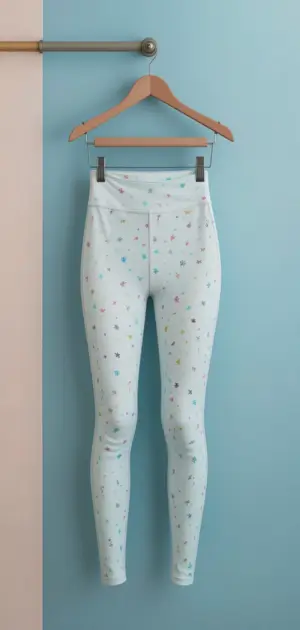 A pair of white pastel leggings with colourful star patterns, hanging on a wooden hanger.