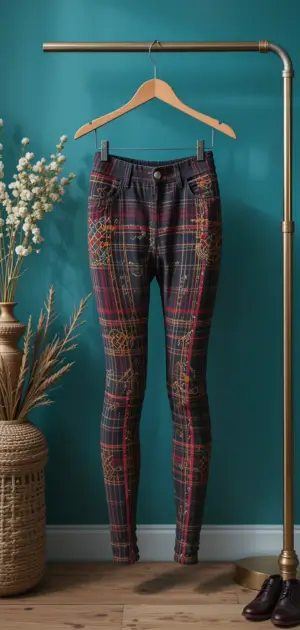 Women’s plaid leggings in dark tones with red and yellow accents, styled on a teal backdrop.