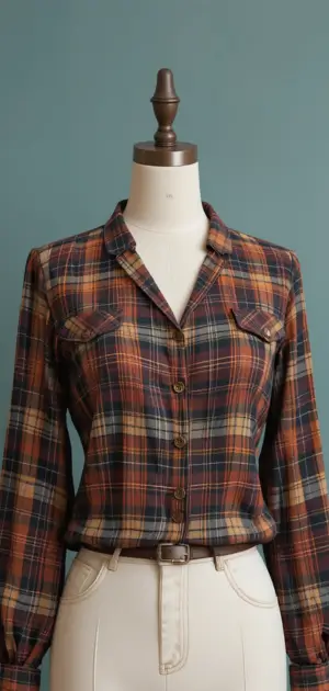 A women’s brown plaid blouse featuring long sleeves, buttons, and classic pockets.