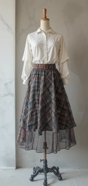 A unique plaid skirt with sheer elements styled elegantly with a blouse.