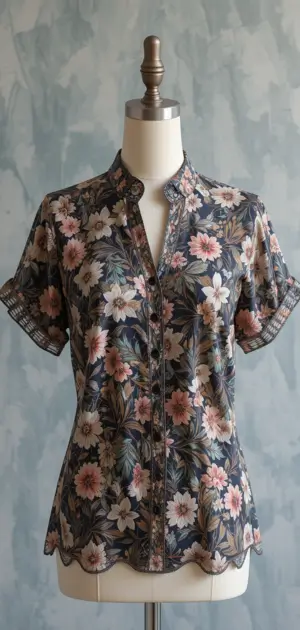 A dark floral polyester blouse featuring a mandarin collar and short sleeves.