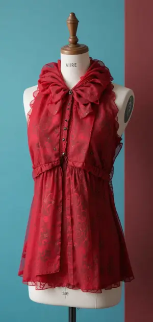 A sleeveless red blouse featuring a dramatic bow neckline and airy, sheer fabric.