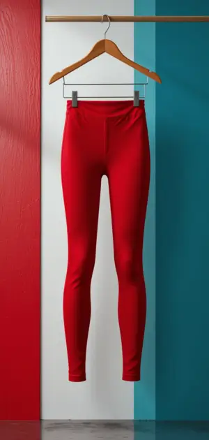 A pair of vibrant red leggings hanging on a wooden hanger against a red and blue backdrop.