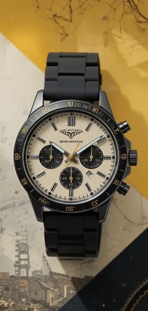 Chronograph watch with a black rubber strap and cream dial on a yellow background.