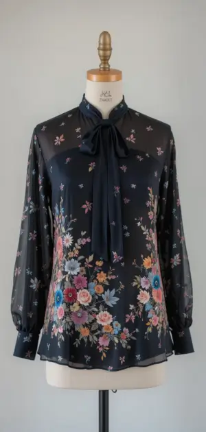 A navy silk blouse featuring floral prints, sheer sleeves, and a bow tie neckline.