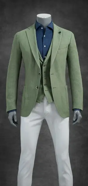 The mannequin is wearing a solid green blazer, blue shirt, and white trousers, styled smartly.