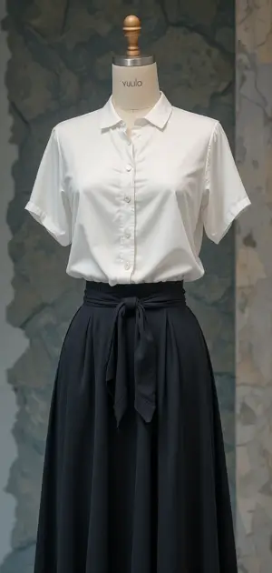 White button-up blouse tucked into a black solid skirt.