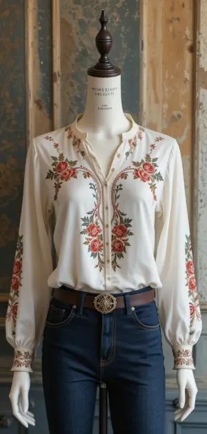 A white floral embroidered blouse styled with denim jeans and a belt. 
