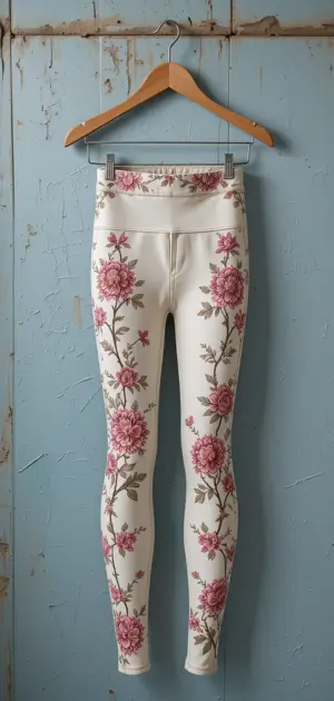 Cream spring leggings featuring pink floral embroidery, ideal for chic seasonal outfits.