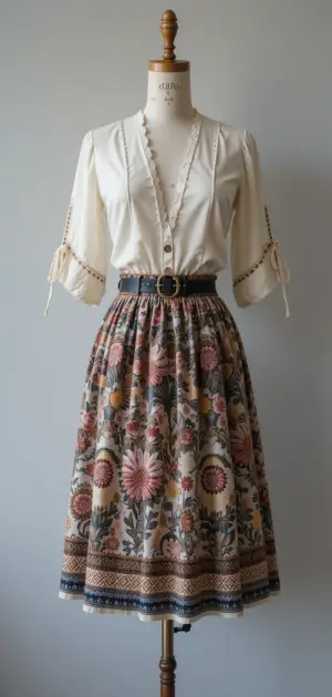 A long floral midi skirt styled with a crisp white blouse.