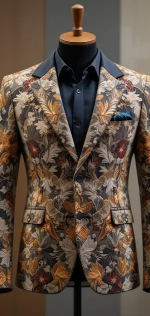 Men's streetwear blazer featuring vibrant floral patterns and sharp black accents.