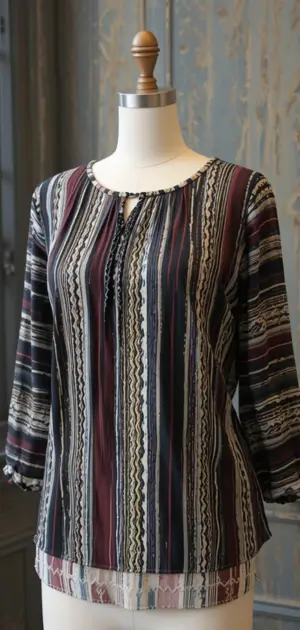 A women’s multicoloured striped blouse with three-quarter sleeves and a round neck.