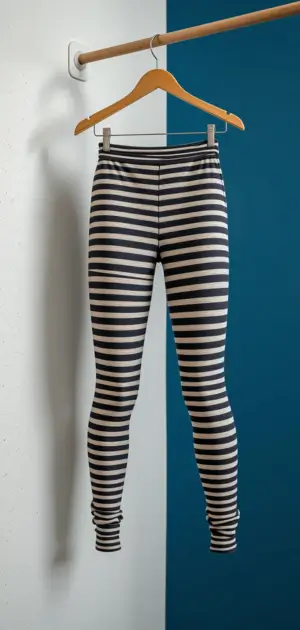 Black and white striped women’s leggings displayed on a wooden hanger with a blue and white backdrop.