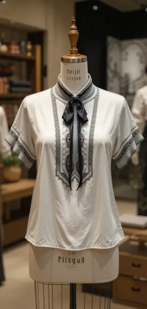 Short-sleeve white blouse with black lace details and a tied neck bow. 