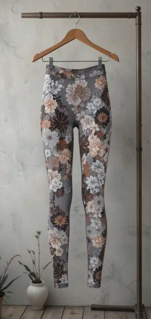 Grey summer leggings featuring soft floral prints, perfect for stylish warm-weather outfits.