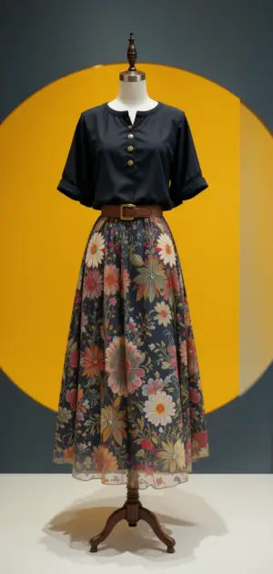 A maxi skirt with vintage floral patterns and a fitted waist.
