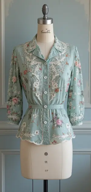 A pastel green vintage blouse featuring lace trim, floral embroidery, and a peplum style.