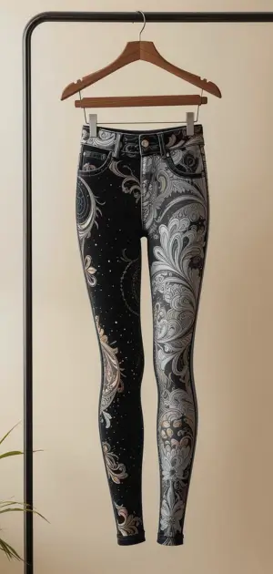 High-waisted vintage leggings with black and silver paisley detailing.