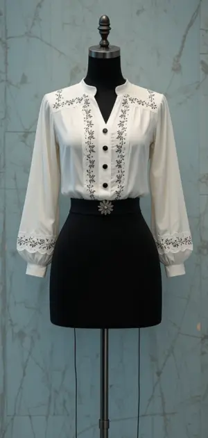 A women’s white blouse featuring floral embroidery, black buttons, and puffed sleeves.