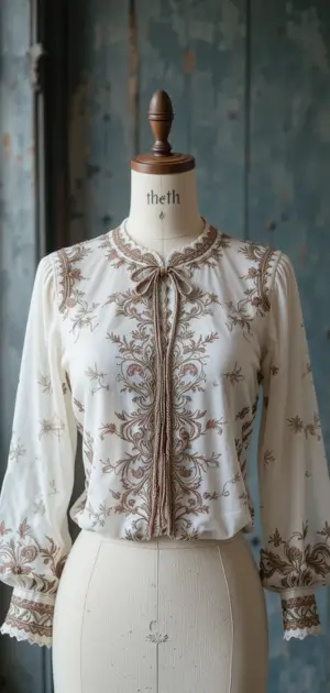 White vintage-style blouse with embroidery and tie-neck details.