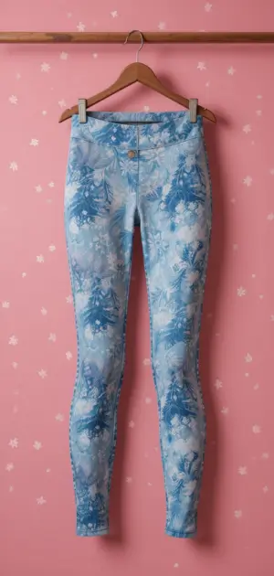 Light blue winter leggings featuring a snowy floral pattern, ideal for winter outfits.
