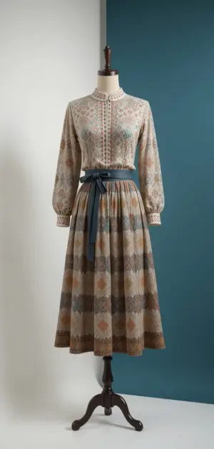 Elegant winter skirt with a patterned blouse and ribbon belt.