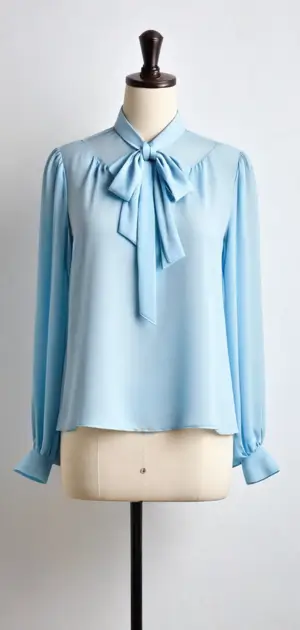 A light blue blouse featuring a stylish bow tie neckline and minimalist charm.